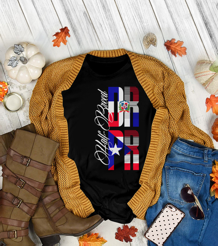 Half Breed Dominican Republic Puerto Rico Flags Typography T-Shirt