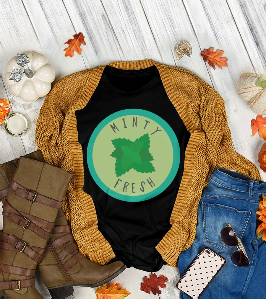 Minty Fresh Circular Mint Leaf Emblem on Green and Teal Background T-Shirt