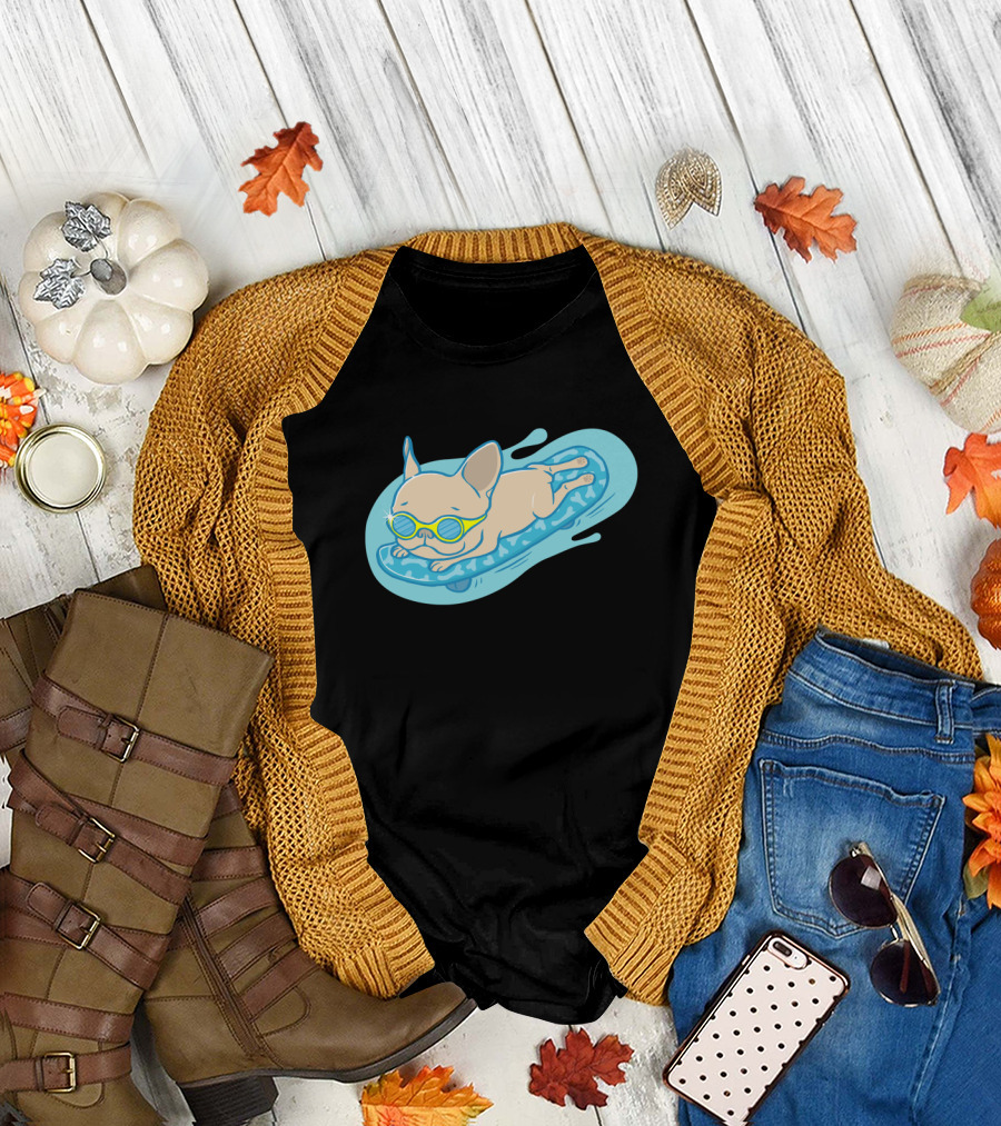 Frenchie Sliding on Pool Float with Sunglasses Relaxing T-Shirt