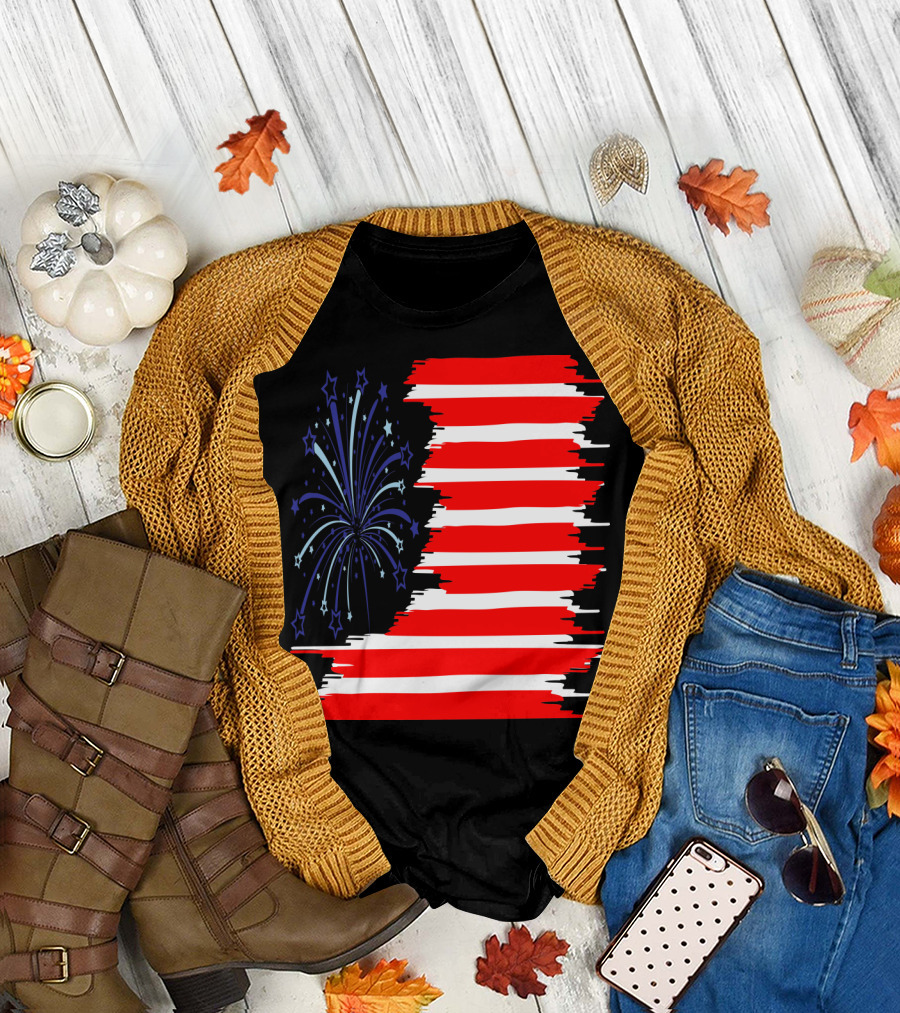 USA Flag Fireworks Bursting Freedom Stars Stripes Vector T-Shirt