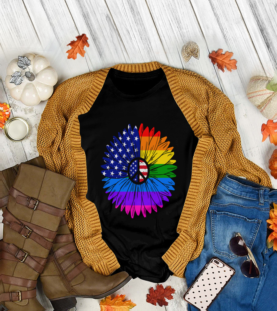 Be Careful Whom You Hate Flower with Peace Sign American Flag and Rainbow Colors T-Shirt