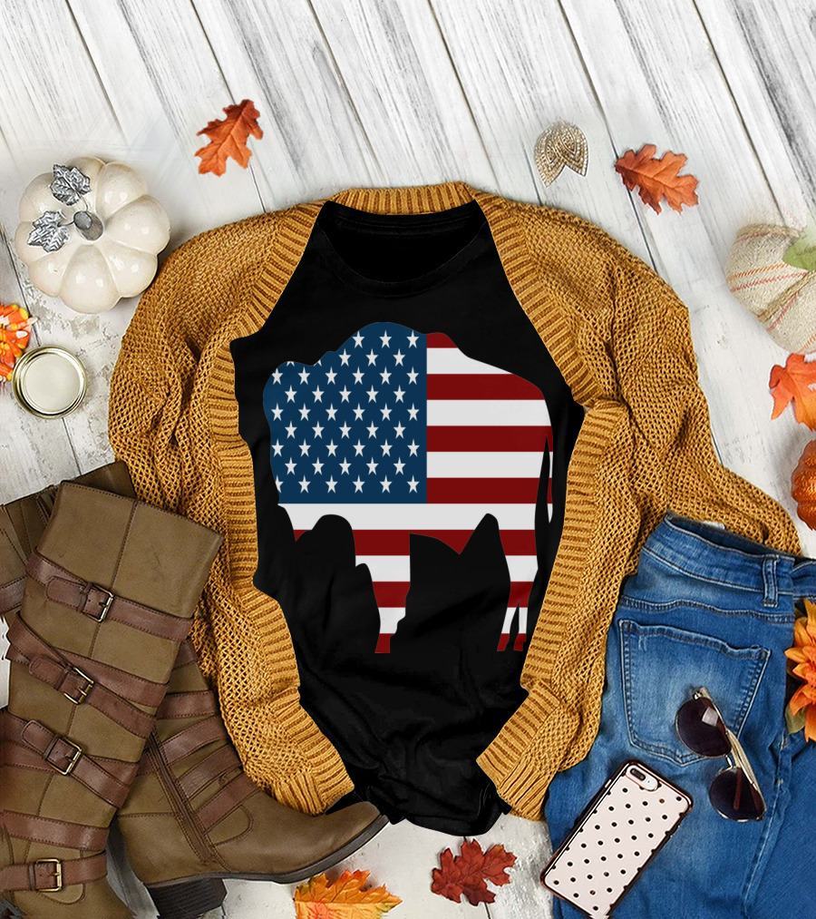 American Flag Bison Silhouette Patriotic T-Shirt