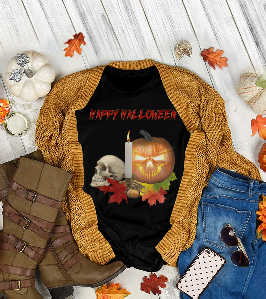 Happy Halloween Pumpkin Skull with Candle and Leaves T-Shirt