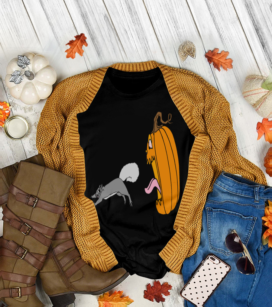 Squirrel Defending Against Scary Halloween Pumpkin with Tongue and Teeth T-Shirt