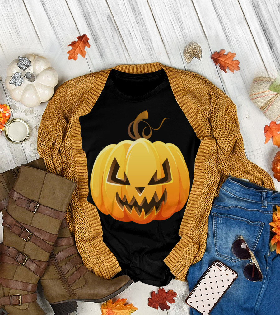 Cartoon Scary Halloween Pumpkin Grinning Jack-O'-Lantern Image T-Shirt