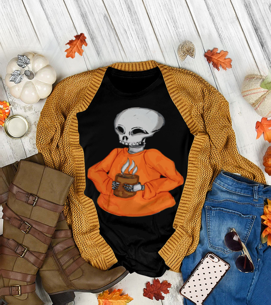 Skeleton Holding a Steaming Hot Drink in Orange T-Shirt