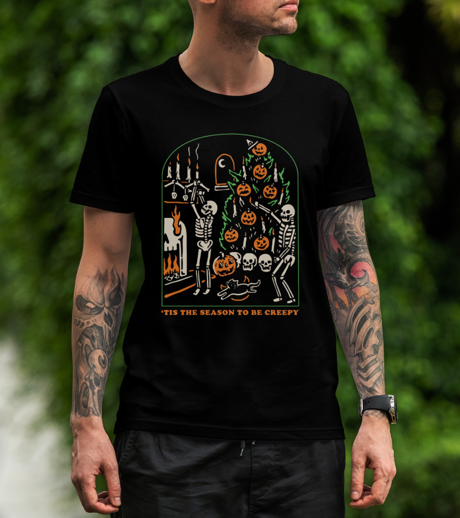 'Tis The Season To Be Creepy Skeletons Decorating With Pumpkins And Skulls T-Shirt