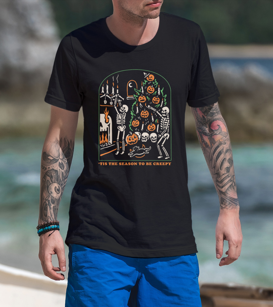'Tis The Season To Be Creepy Skeletons Decorating With Pumpkins And Skulls T-Shirt