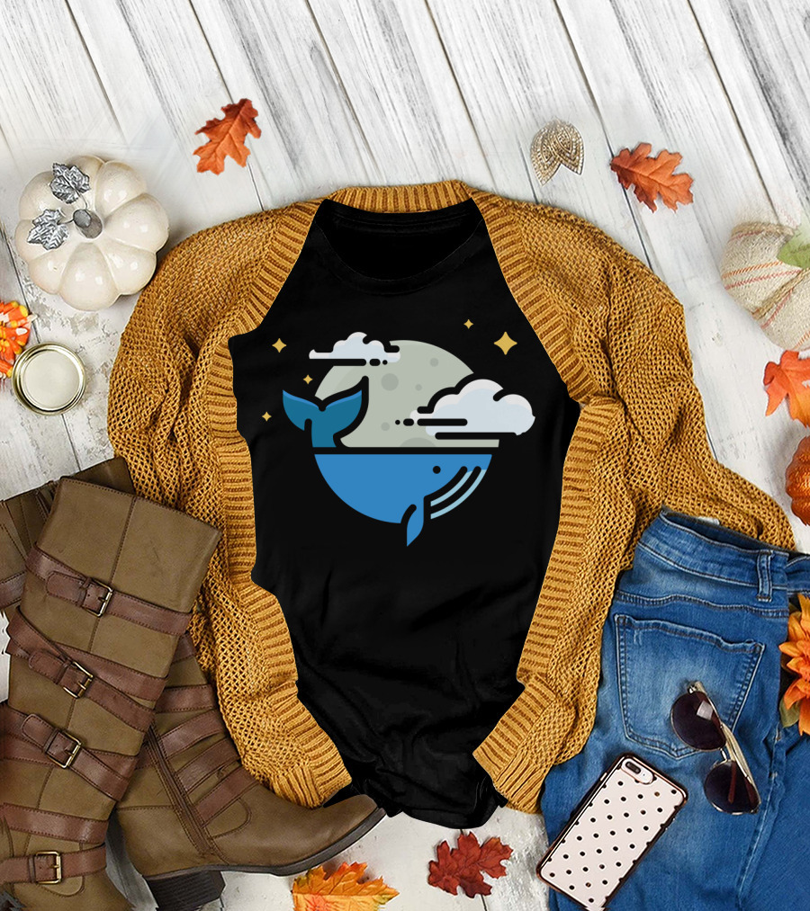 One Tail of a Whale Moonlit Night Scene with Stars and Clouds T-Shirt