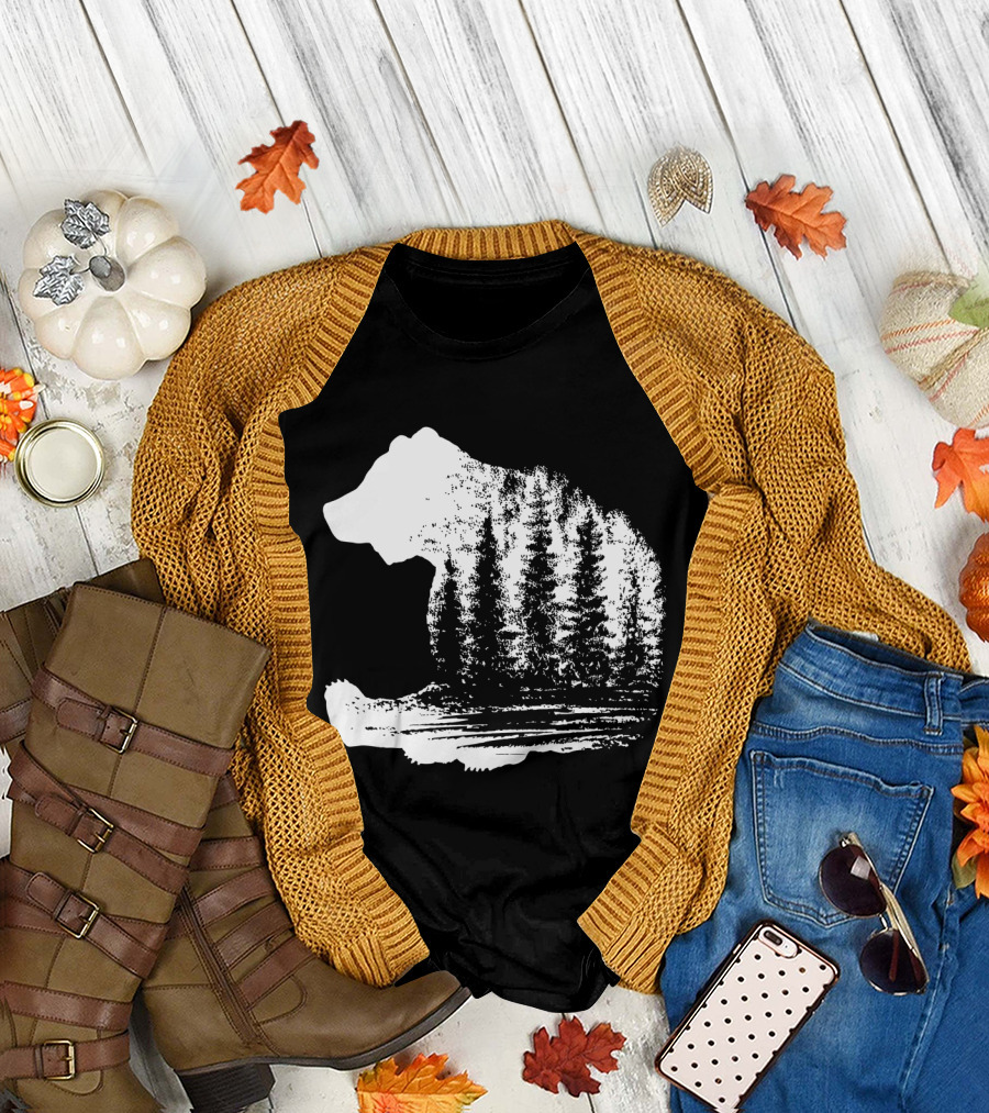 Bear Silhouette with Forest Scene in Deep in Thought White T-Shirt