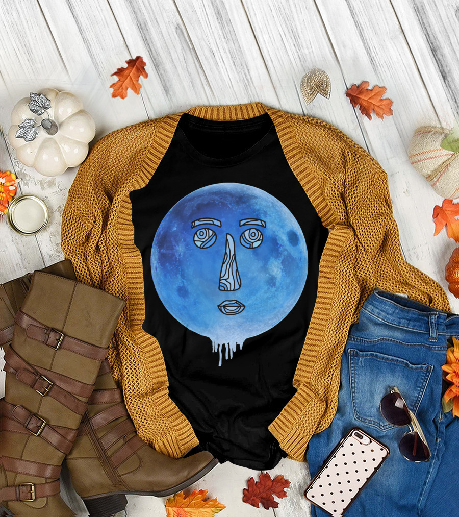 Blue Moon Face Line Art Dripping Effect T-Shirt