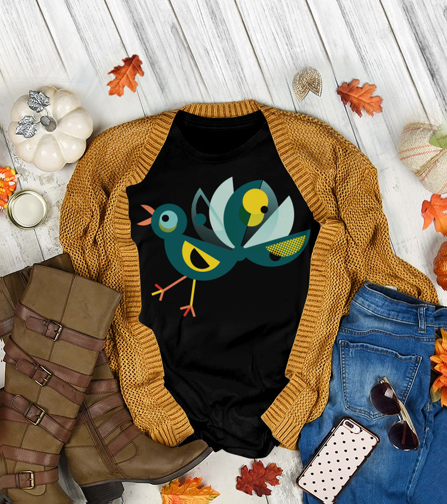 Stylized Geometric ModBird with Colorful Retro T-Shirt