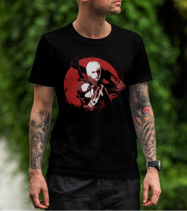 Dante Devil May Cry Iconic Red Circle Gun And Sword Pose T-Shirt
