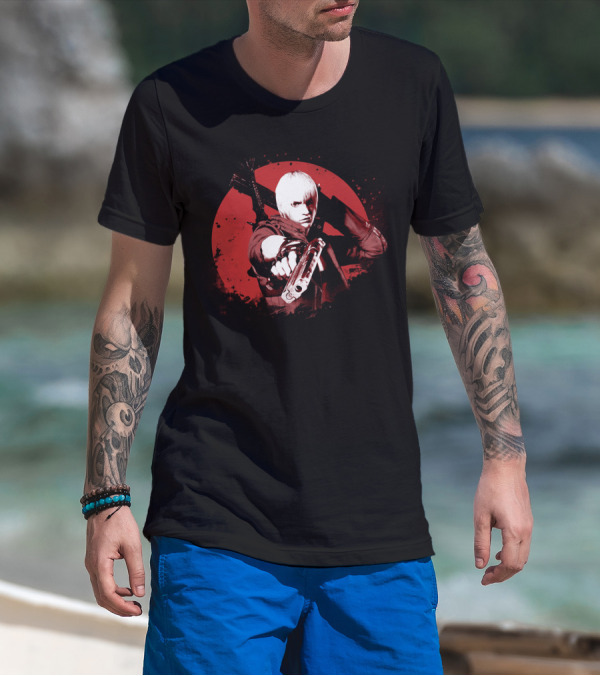 Dante Devil May Cry Iconic Red Circle Gun And Sword Pose T-Shirt