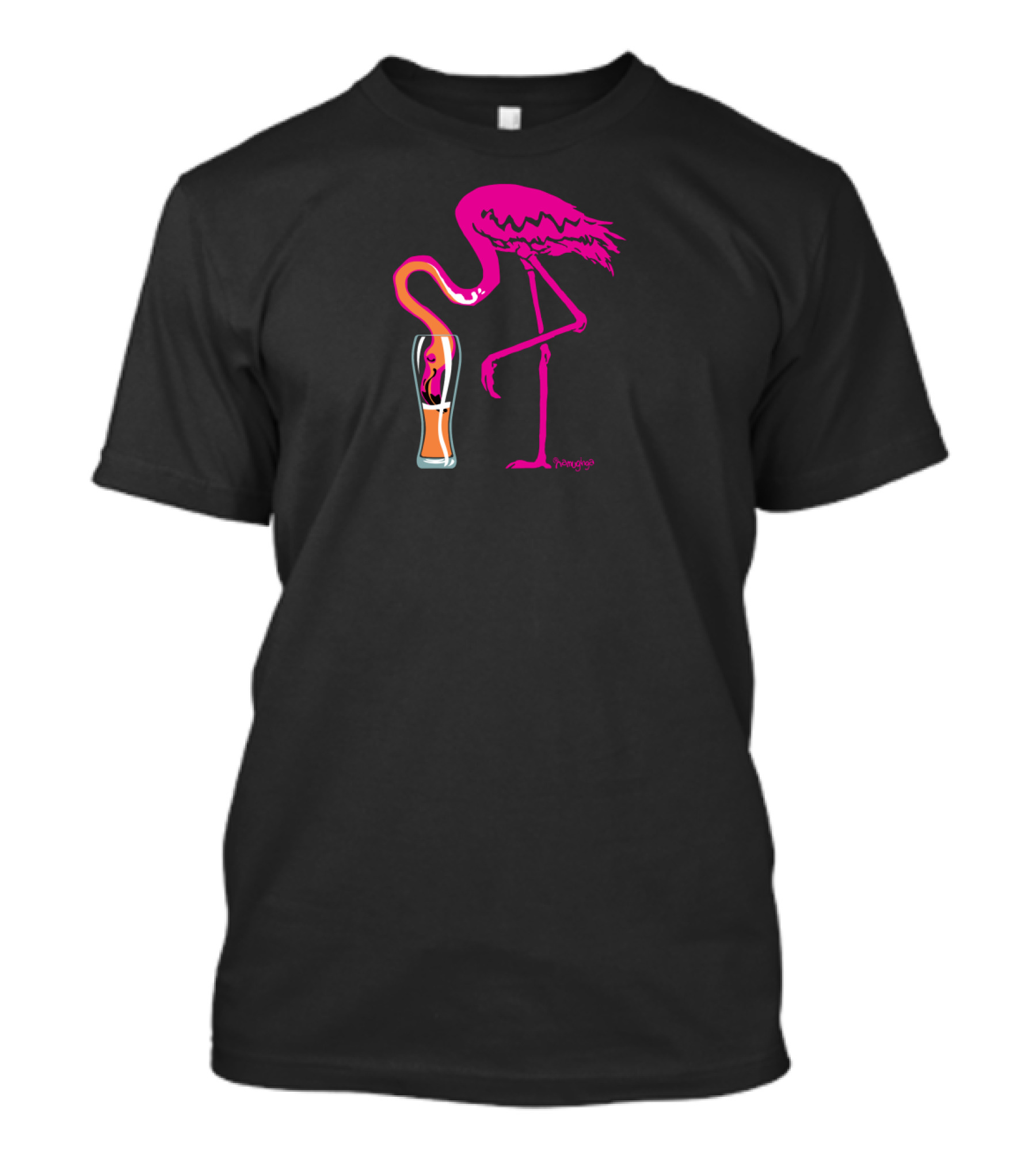 Flamingo Drinking From Glass Vibrant Pink And Orange Colorful T-Shirt