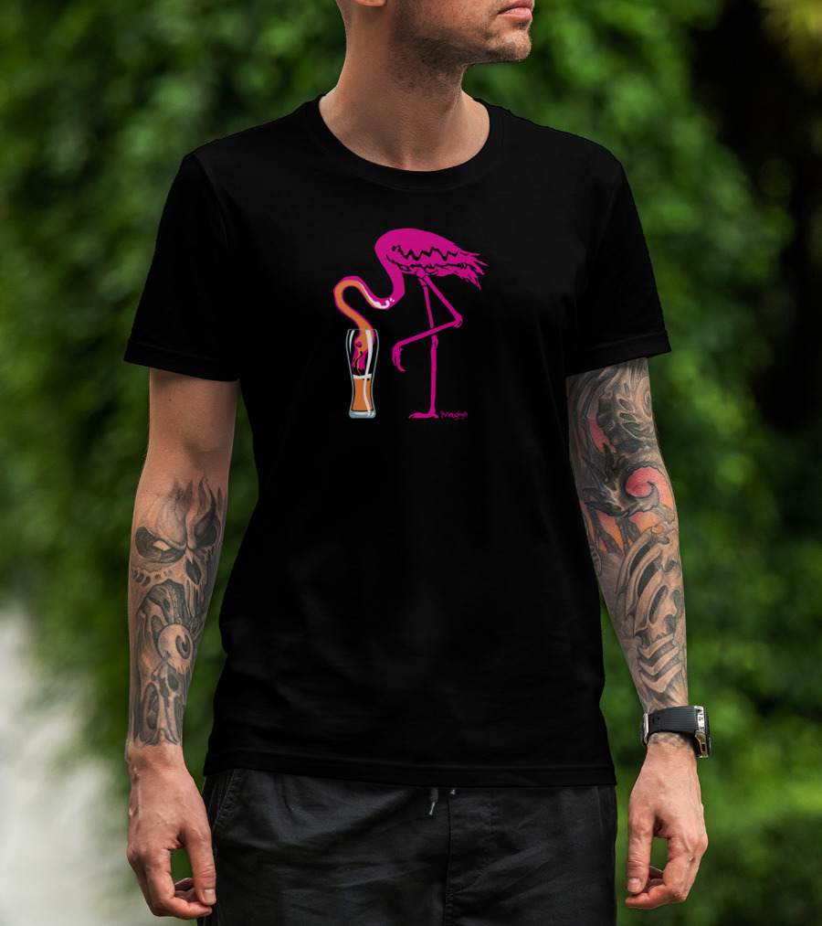 Flamingo Drinking From Glass Vibrant Pink And Orange Colorful T-Shirt
