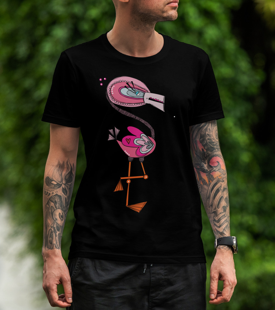 Flamingo Bonjour ArtMoms Colorful Whimsical Cartoon Bird T-Shirt