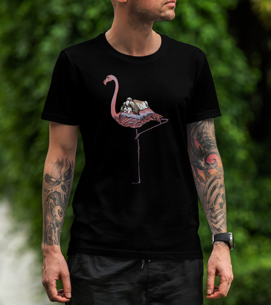 Flamingo Standing With Shih Tzu Resting On Back T-Shirt