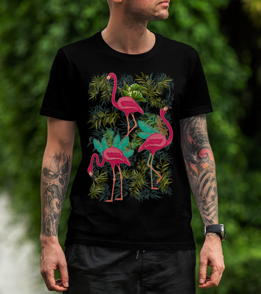 A Flamingo Exotic Birds Tropical Jungle Foliage T-Shirt
