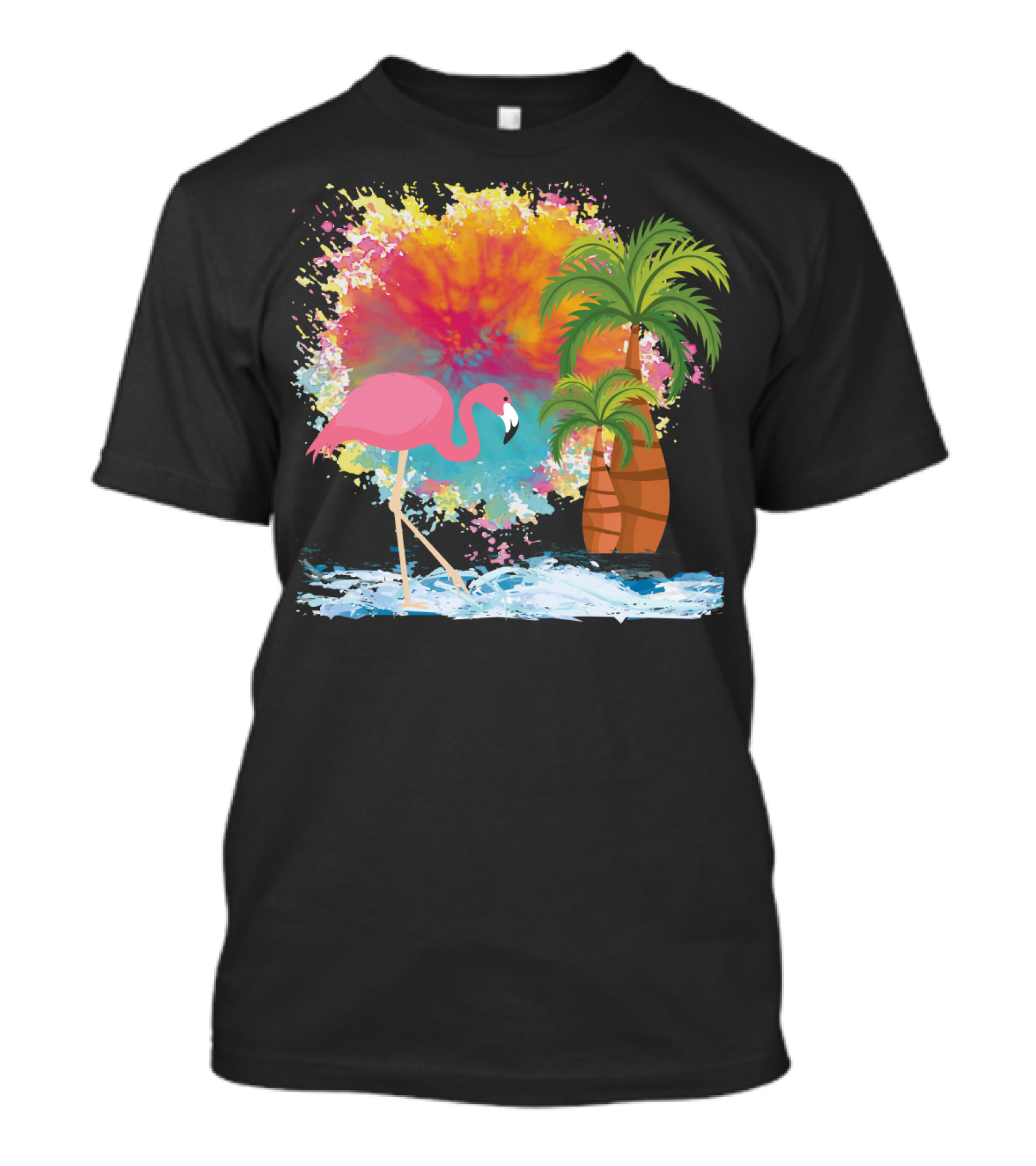 Pink Flamingo And Tropical Palm With Colorful Splash Background T-Shirt