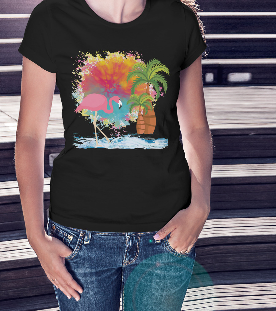 Pink Flamingo And Tropical Palm With Colorful Splash Background T-Shirt