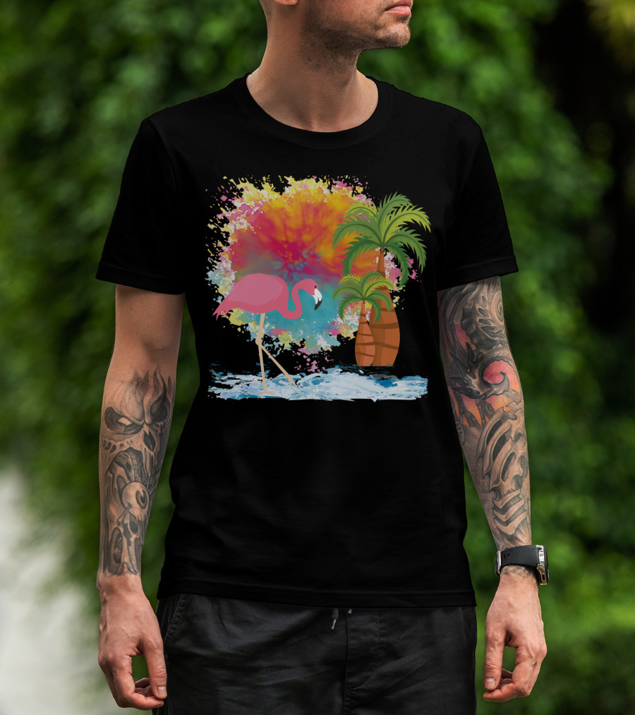 Pink Flamingo And Tropical Palm With Colorful Splash Background T-Shirt