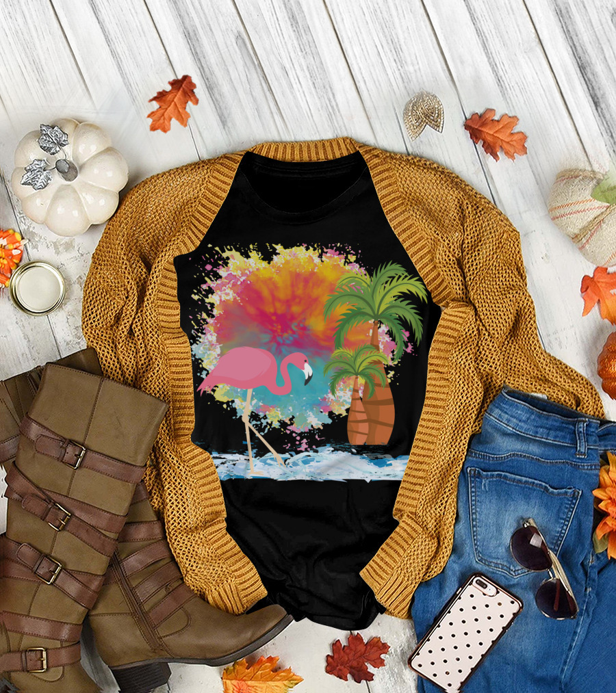 Pink Flamingo And Tropical Palm With Colorful Splash Background T-Shirt