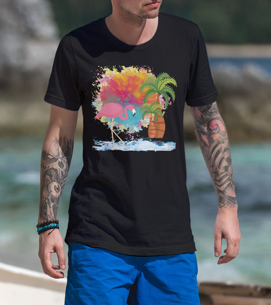 Pink Flamingo And Tropical Palm With Colorful Splash Background T-Shirt