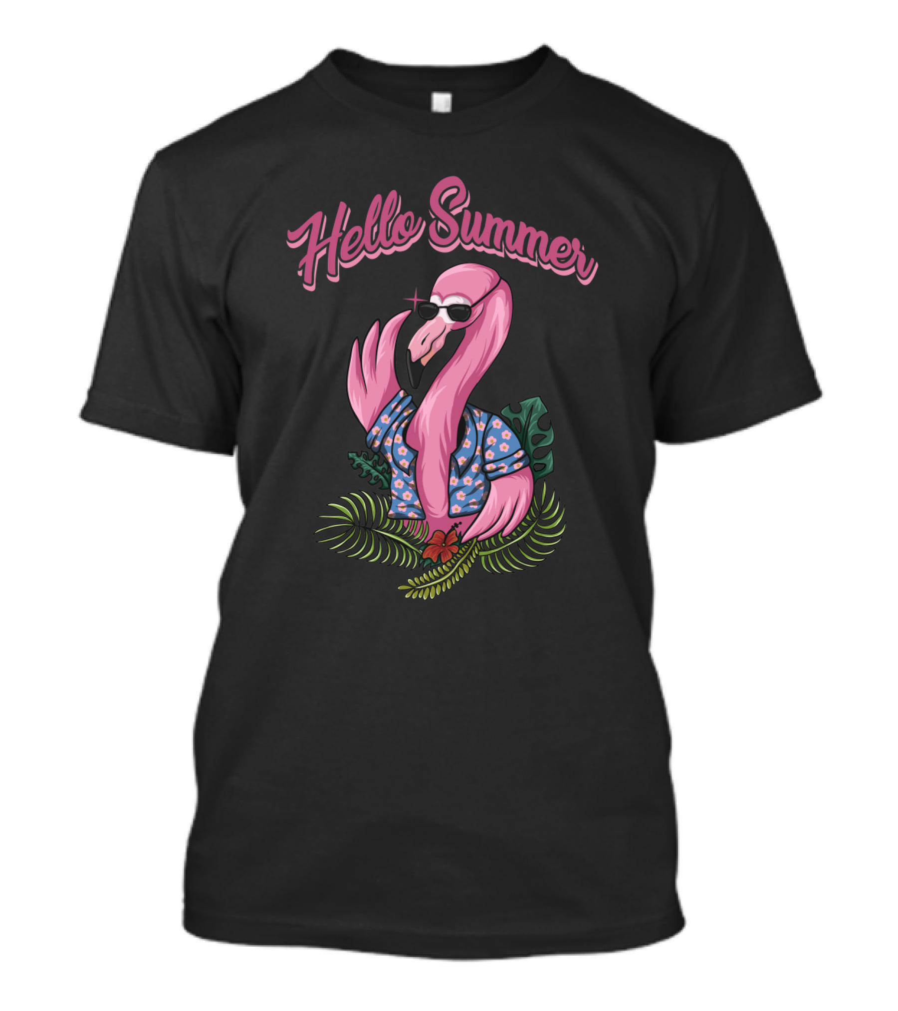Hello Summer Flamingo In Sunglasses And Hawaiian Shirt Surrounded By Tropical Leaves T-Shirt