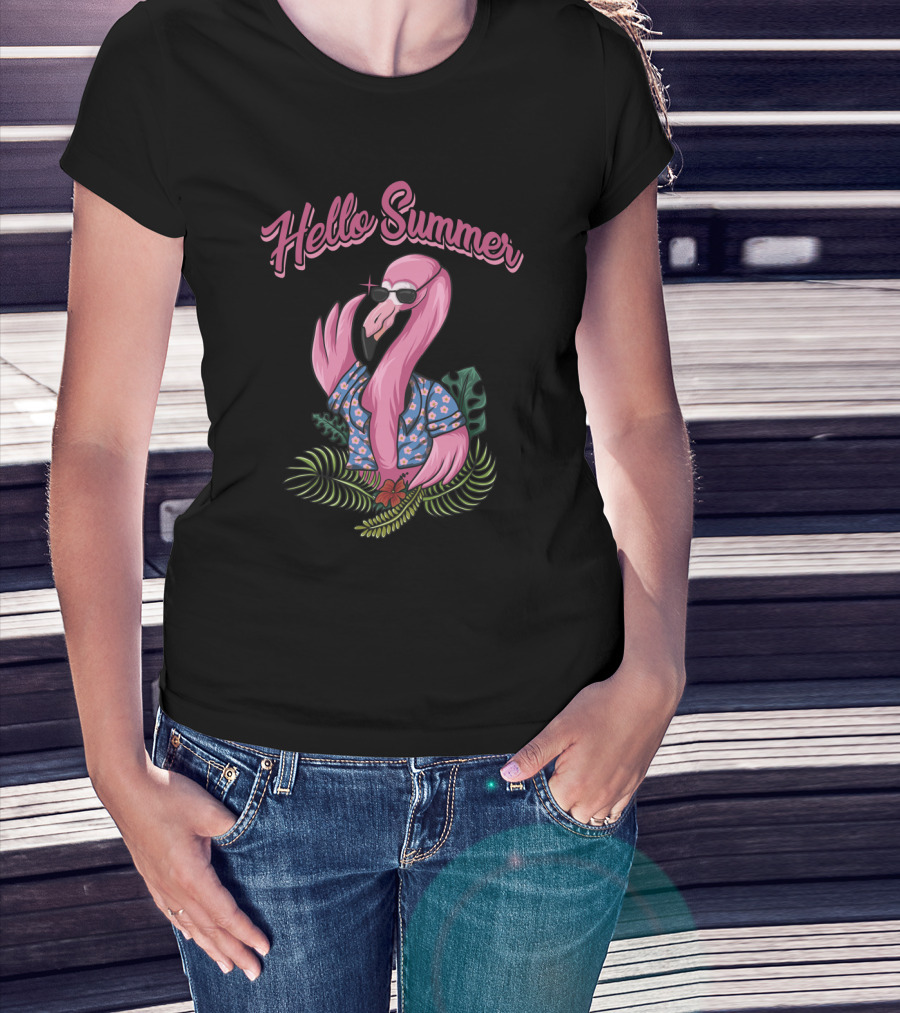 Hello Summer Flamingo In Sunglasses And Hawaiian Shirt Surrounded By Tropical Leaves T-Shirt