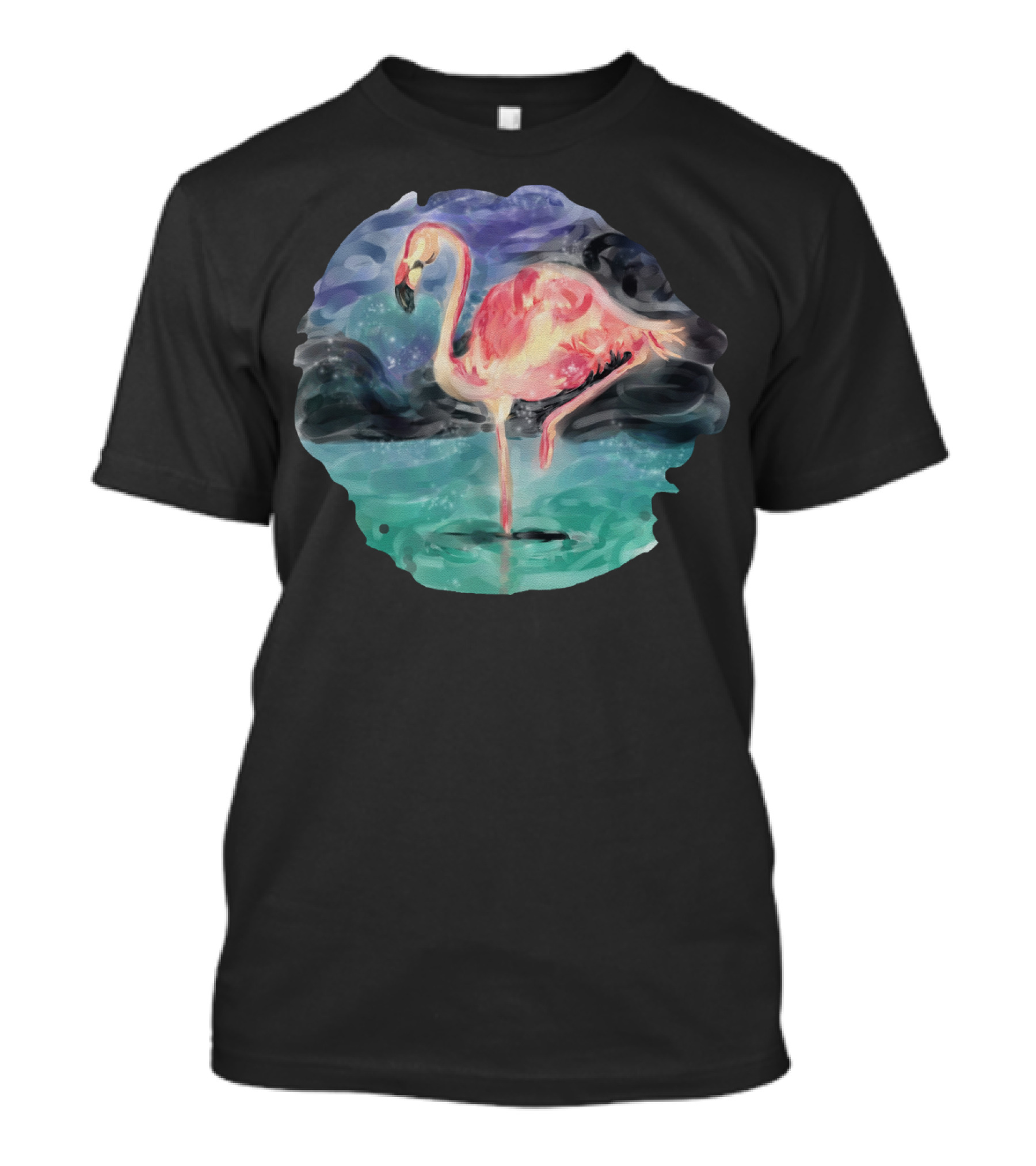 Flamingo Standing Gracefully On Water At Night With Cloudy Sky And Reflections T-Shirt