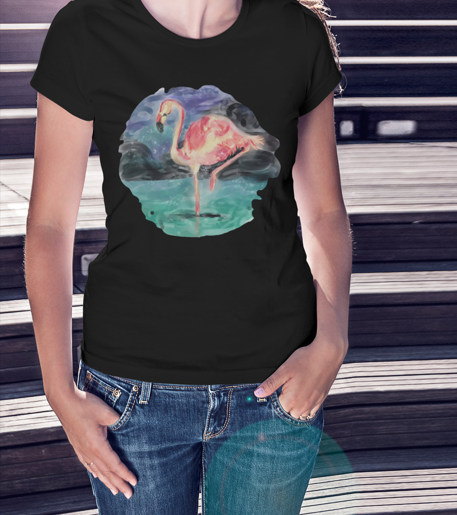 Flamingo Standing Gracefully On Water At Night With Cloudy Sky And Reflections T-Shirt