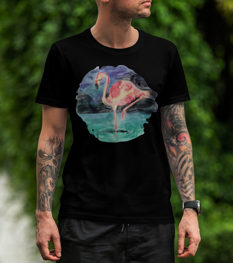 Flamingo Standing Gracefully On Water At Night With Cloudy Sky And Reflections T-Shirt