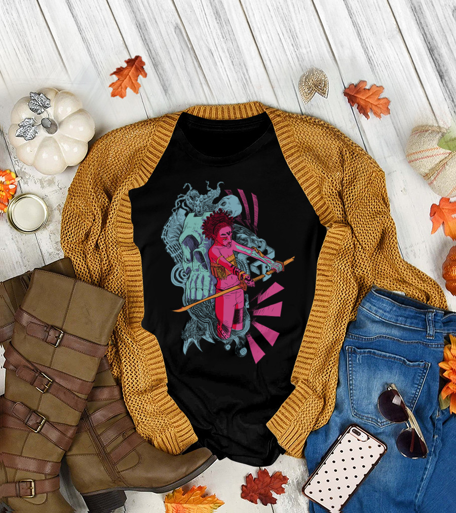 Afterlife Warrior with Skull, Raven, and Geometric Elements T-Shirt