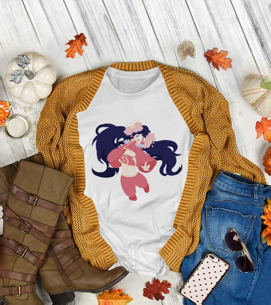 Peony Gal Anime Style Character with Pink Blossoms and Flowing Dark Hair T-Shirt