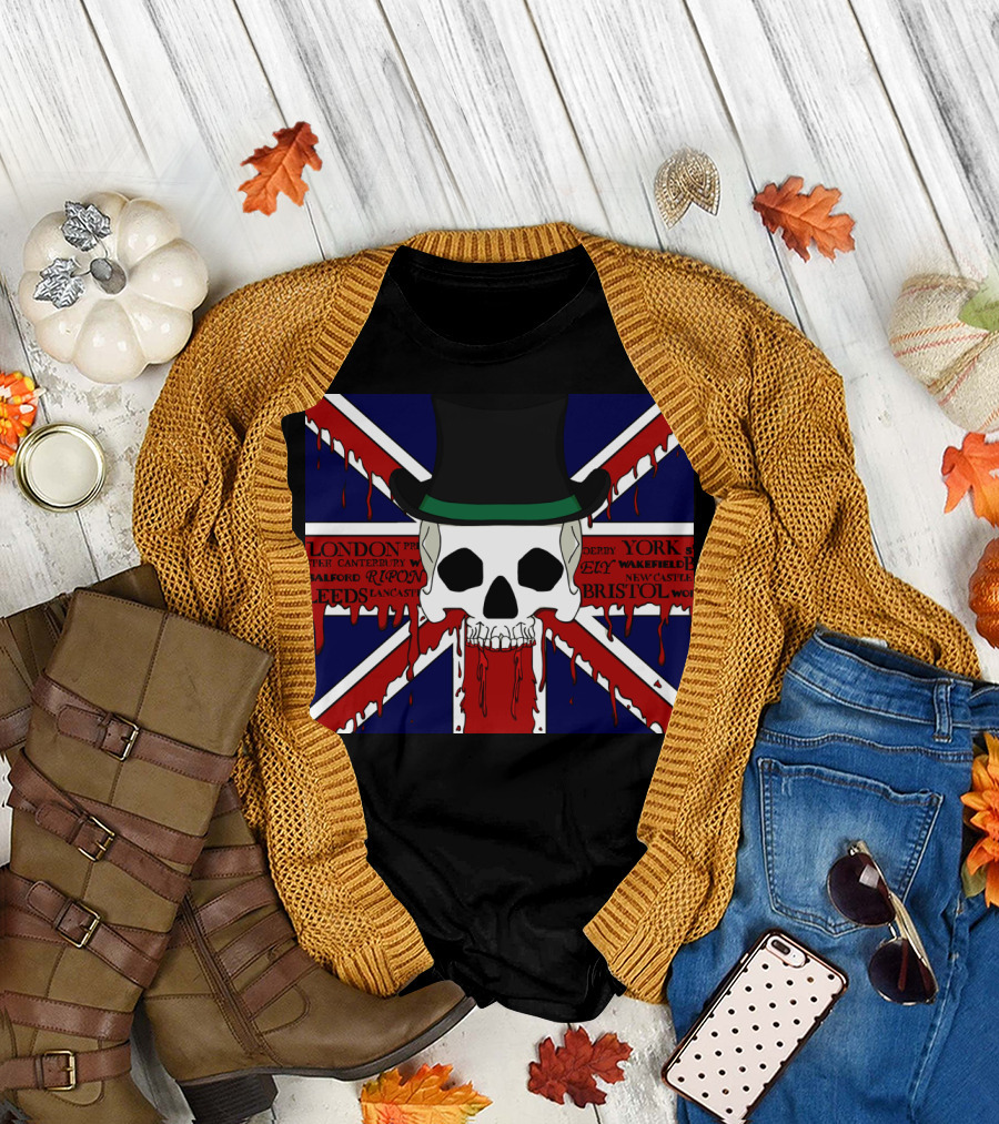 Union Jack Skull with Top Hat and Dripping Blood Featuring London York Derby Bristol T-Shirt