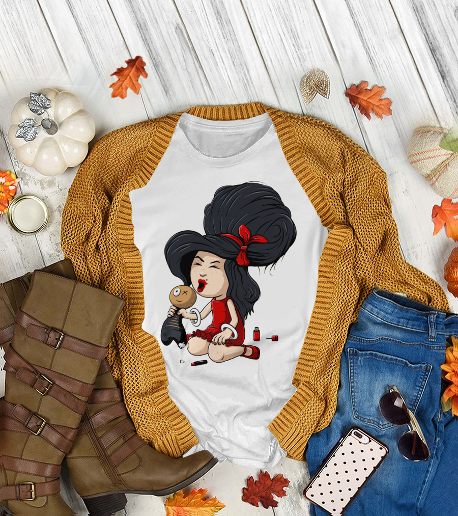 Rock Star Cartoon Character with Big Hair and Red Dress Holding Voodoo Doll T-Shirt