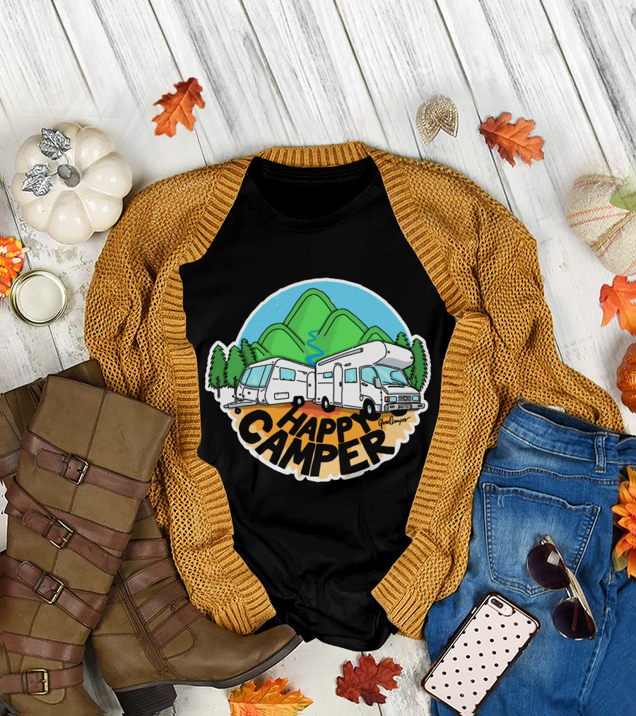 Happy Camper Adventure with Mountain Views and Caravan RVs T-Shirt