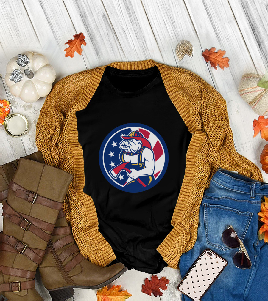 Bulldog Fireman with Axe and American Flag Background T-Shirt