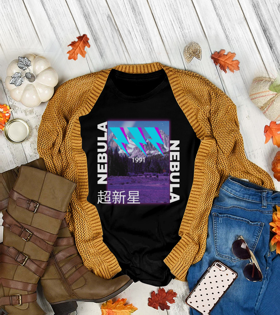 Nebula 1991 Ice Blue Lightning Over Mountain Scene T-Shirt
