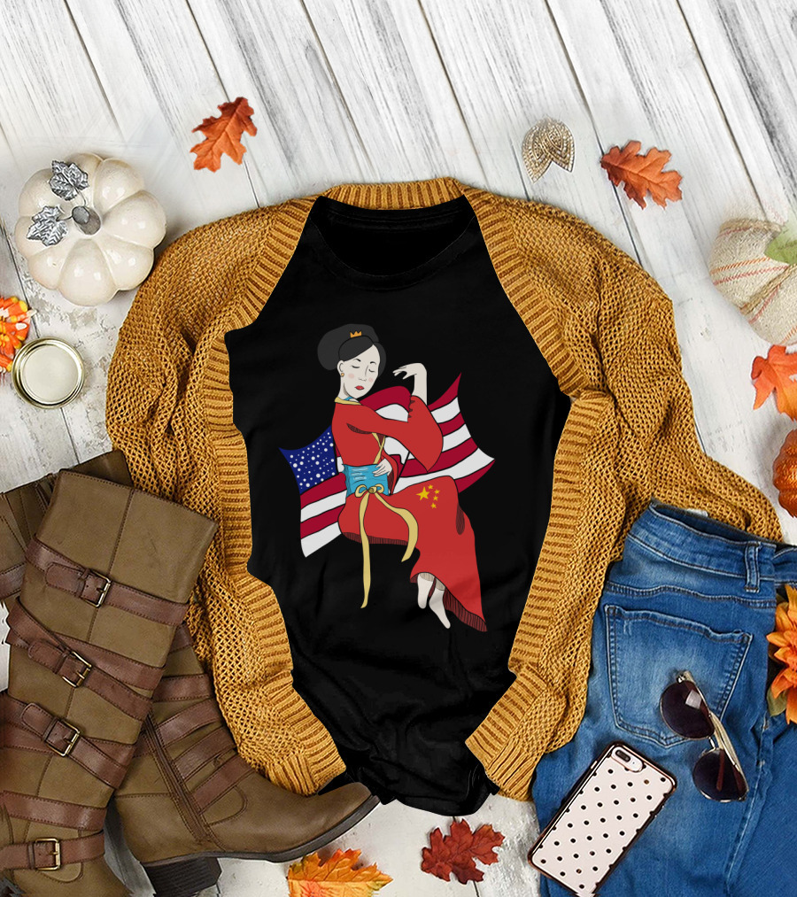 Chinese American Fusion with Traditional Dress and Blended Flag T-Shirt