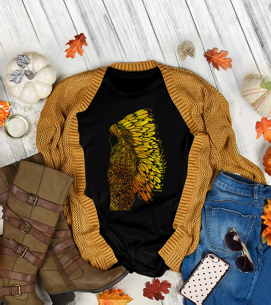 Gold Feathered Warrior Chief Tribal T-Shirt
