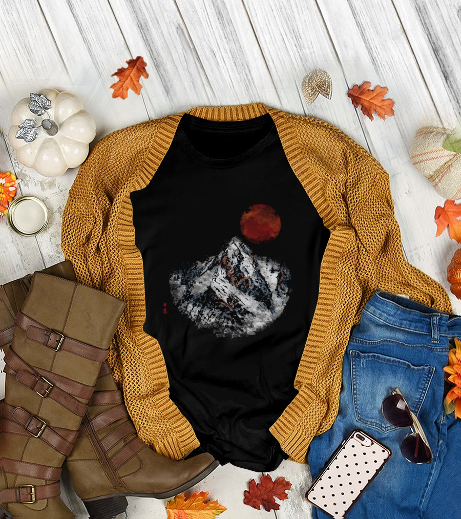 Sunset Over Snowy Rocky Mountain Peak with Red Sun and Asian Calligraphy T-Shirt