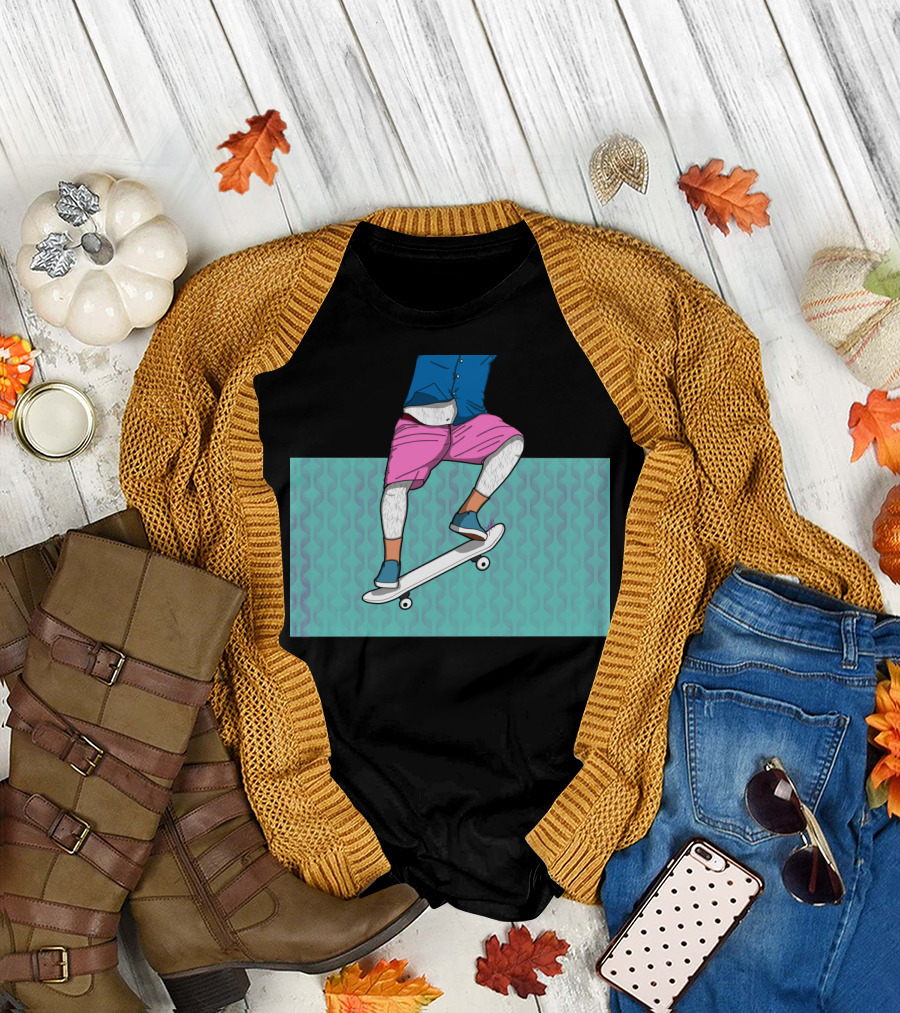 MoFrench Skateboarder in Blue Shirt and Pink Shorts Patterned Background T-Shirt