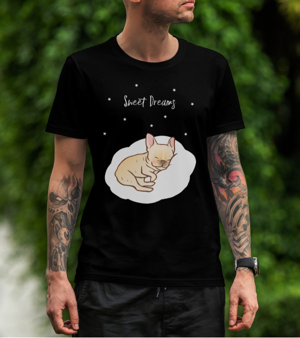 Sweet Dreams Frenchie Puppy Sleeping On Cloud With Nighttime Stars T-Shirt