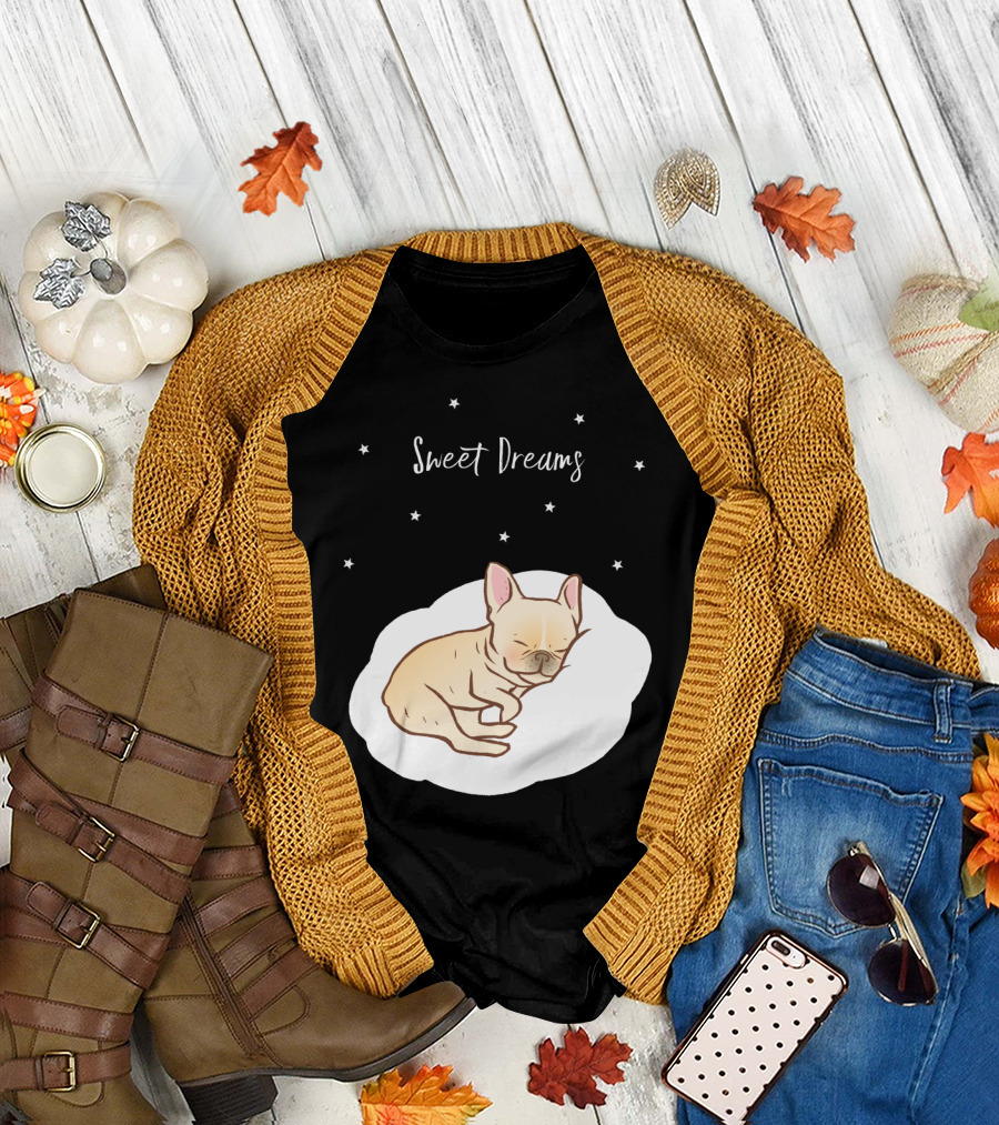Sweet Dreams Frenchie Puppy Sleeping on Cloud with Nighttime Stars T-Shirt