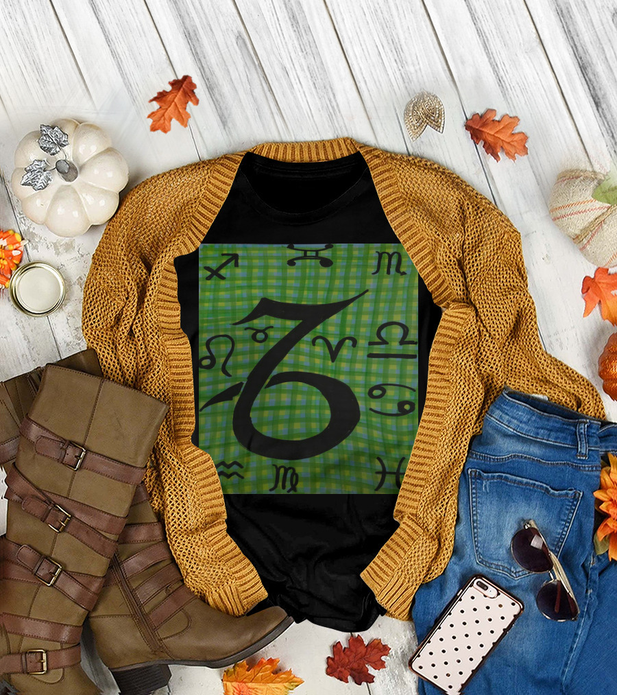 Capricorn Zodiac Symbols on Green Plaid Background with Horoscope Signs T-Shirt