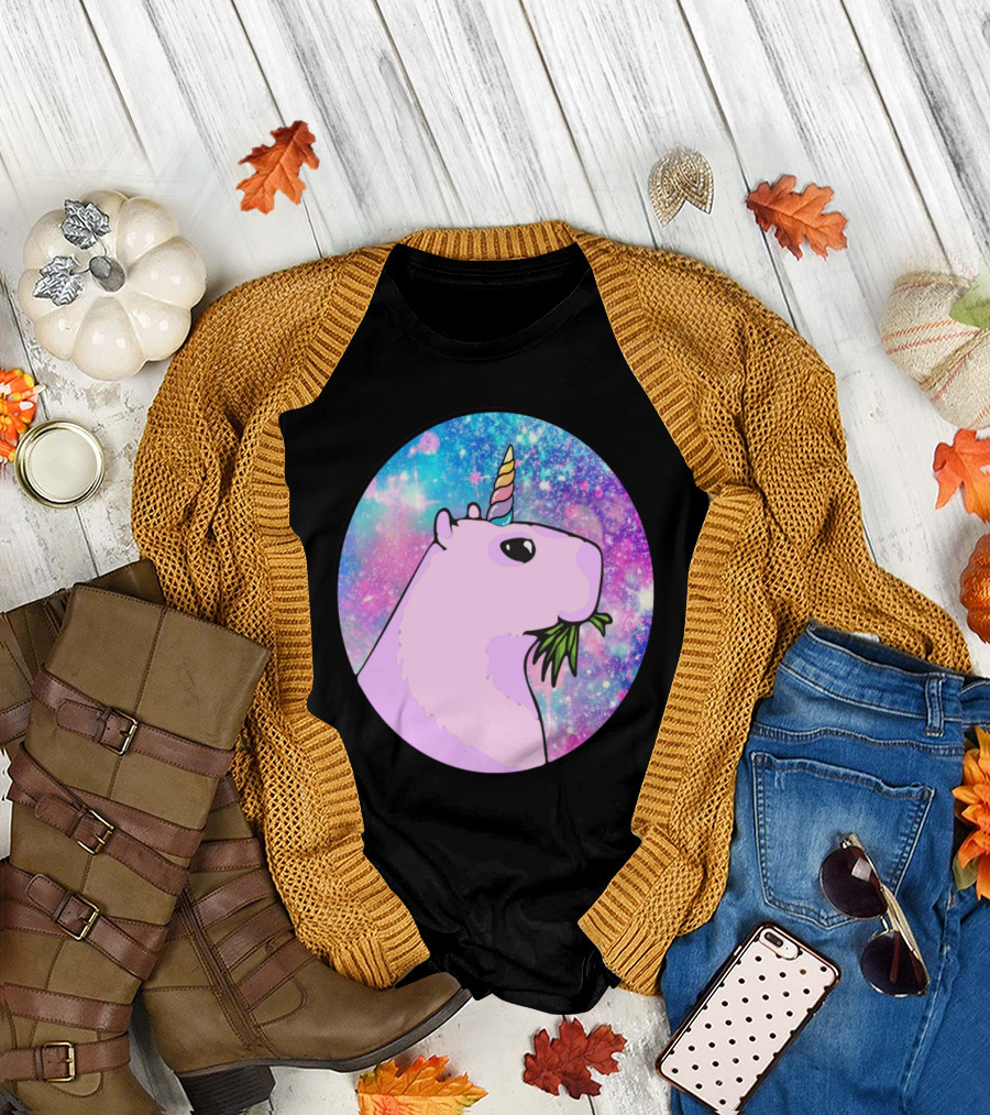 Majestic Capycorn Cosmic Capybara Unicorn Eating Greenery with Galaxy Background T-Shirt