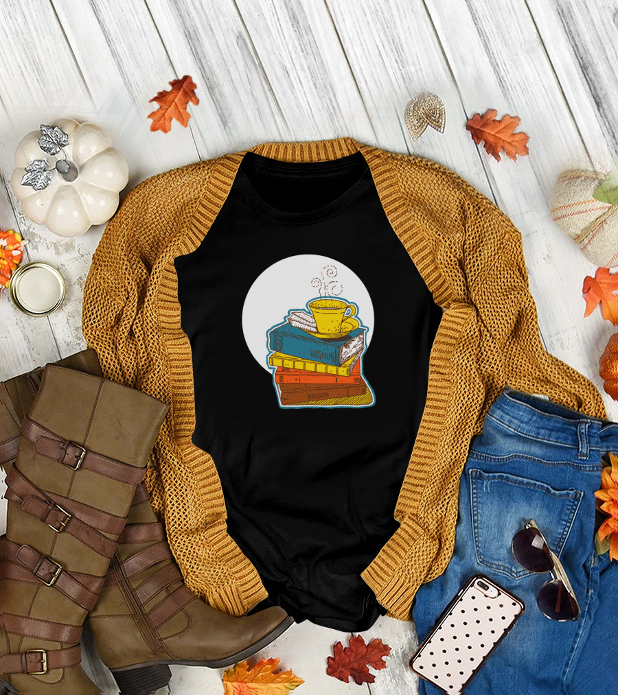 Stack of Colorful Books with Steaming Coffee Cup T-Shirt