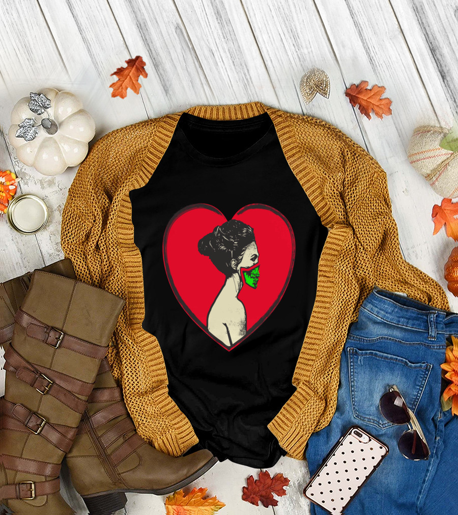 Love Kills Heart with Woman Wearing Green Mask T-Shirt